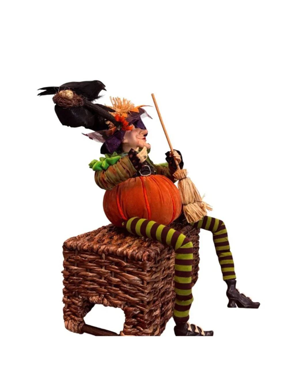 Rare find! Whimsical Halloween Pumpkin Witch Shelf Sitter Doll | Long Striped Le